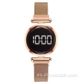 2021 relojes digitales de lujo con imán para mujer, acero inoxidable, vestido de oro rosa, reloj de cuarzo LED, reloj femenino, reloj femenino